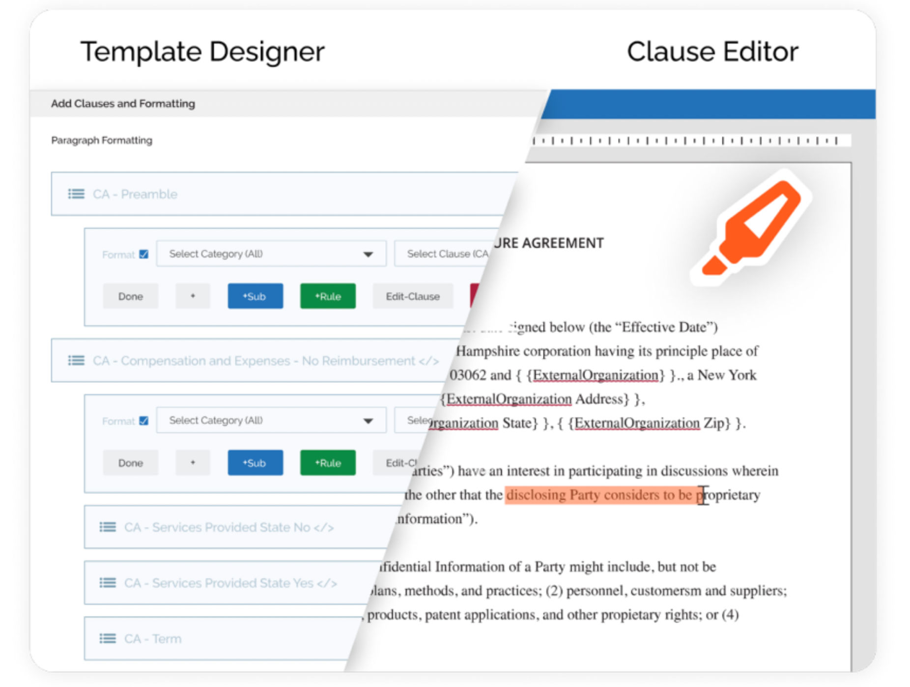 graphic shows example of contract management software template designer and clause editor