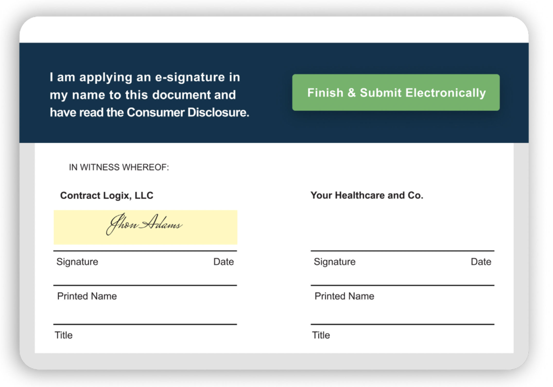 graphic shows example of E-Signature in document by optimizing the contract management software workflow