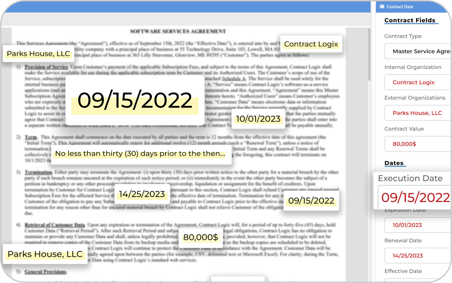 graphic shows example of AI-powered data extraction using CLM software