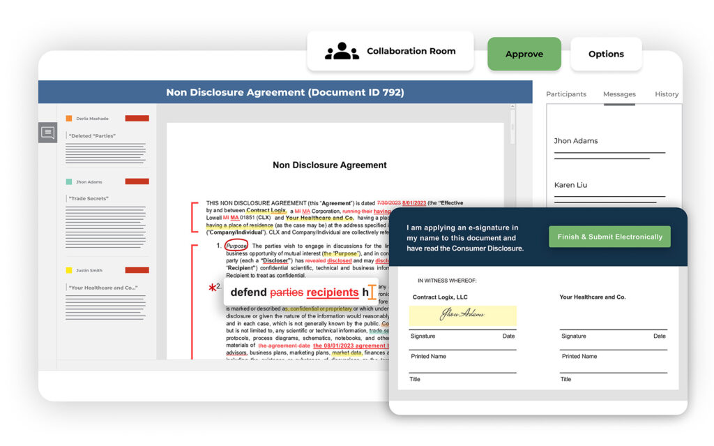 graphic shows example of electronic signature capabilities in contract lifecycle management software