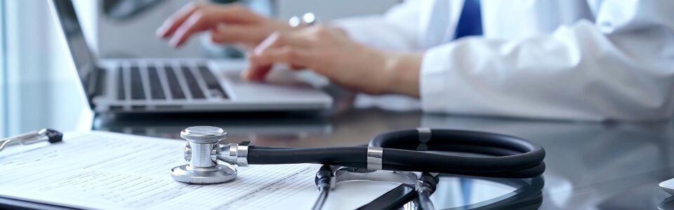 Stethoscope and form are on desk besides a doctor working on the computer with hospital contract management software