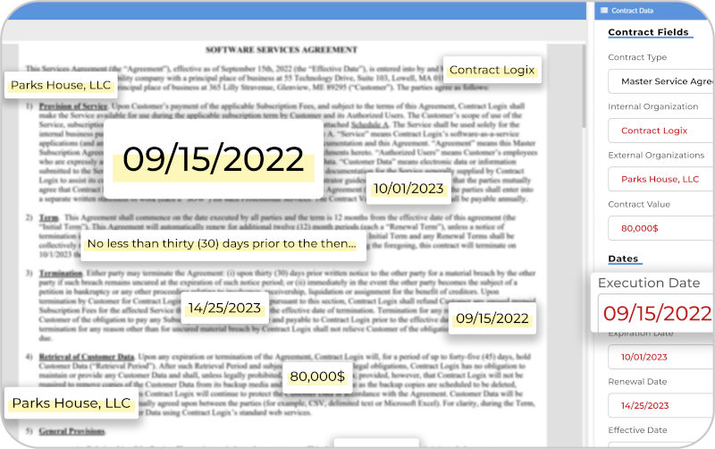 screenshot shows example of batch metadata extraction in Contract Logix software