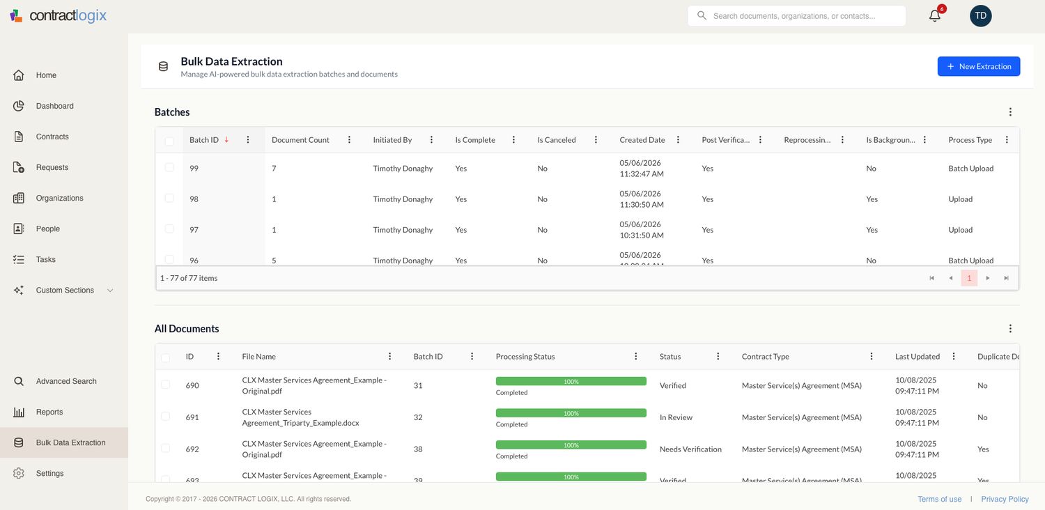AI Data Extraction (AIDE) main view in Contract Logix