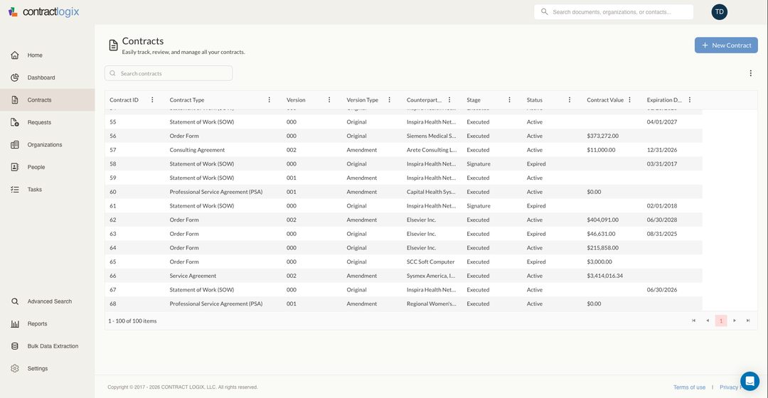 Contract Logix repository: searchable contracts grid with type, counterparty, stage, and value