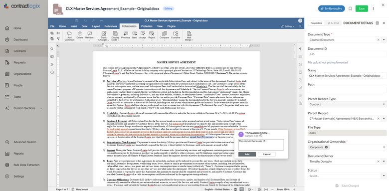 Document editor with an inline comment and tracked changes during negotiation