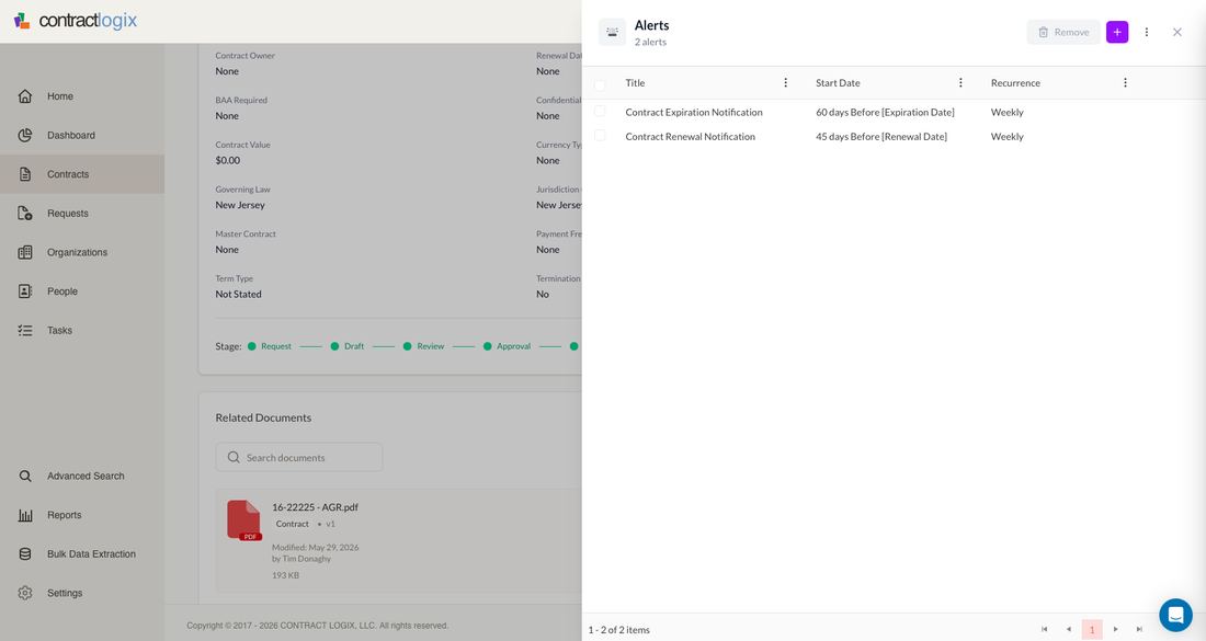 Contract alerts: expiration and renewal notifications driven by date fields