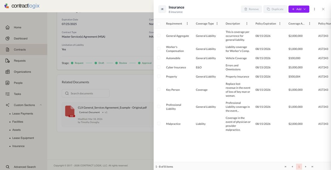 Insurance register: coverage type, policy expiration, and coverage amount per row