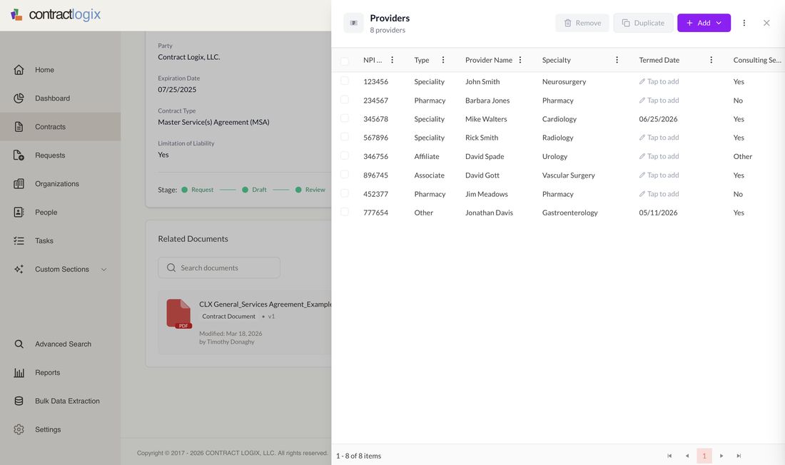 Provider roster Custom Data Object: NPI, specialty, and termed date per row