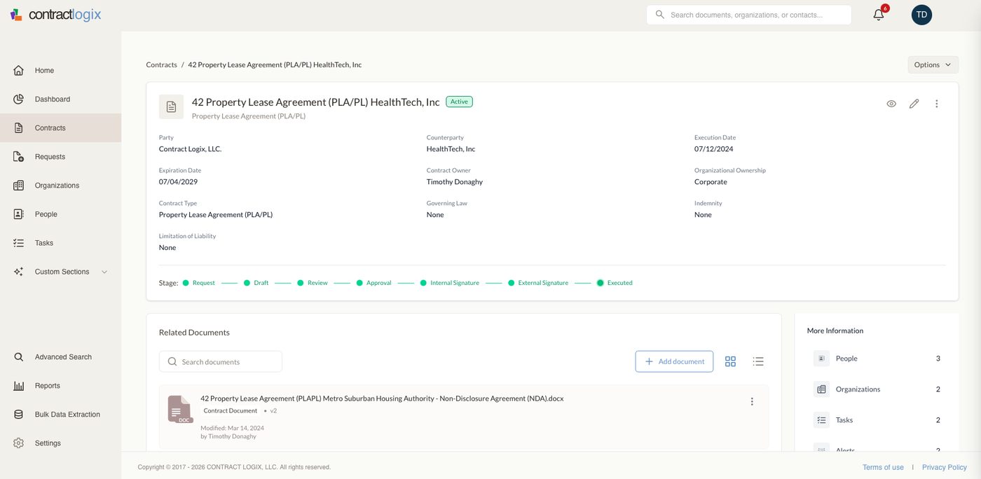 Executed contract finalized in its record in Contract Logix.
