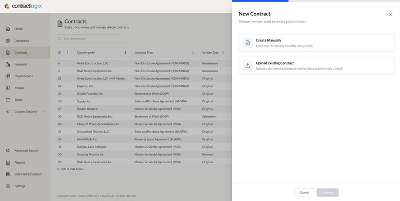 New Contract panel: create a contract manually or upload an existing one for AI extraction