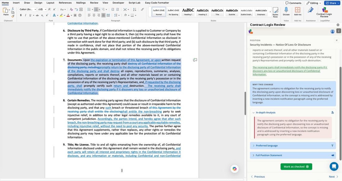 Contract Logix Review first-pass redline in Microsoft Word.