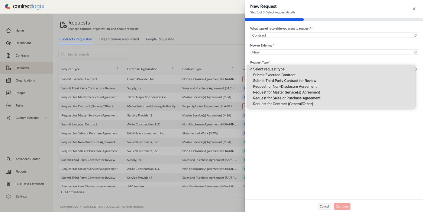 Contract request intake queue in Contract Logix.